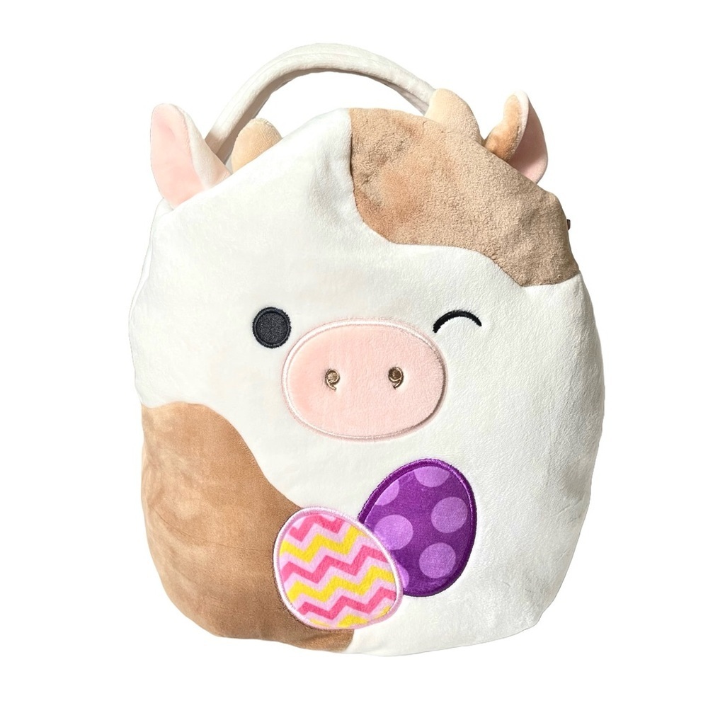 Squishmallow Winking White & Brown Cow Easter Basket, 11.5 inch tall
